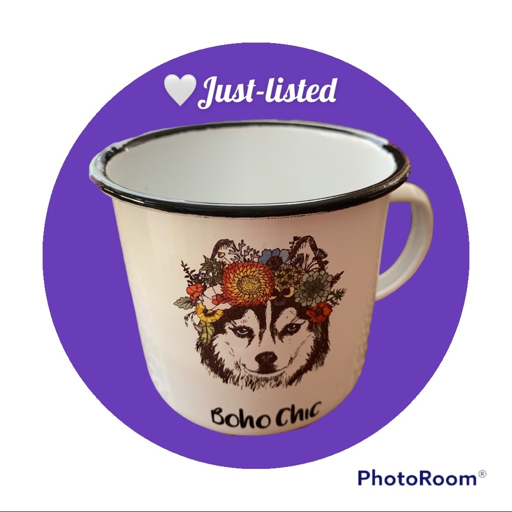 Fun BOHO CHIC white wolf floral metal coffee mug cup flowers animal